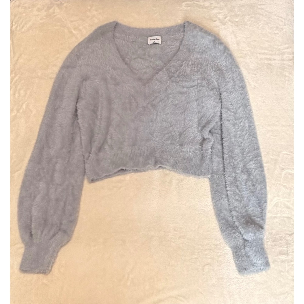 Aritzia Sunday Best Kitten Fuzzy V-Neck Cropped Sweater M Medium Foil Gray
